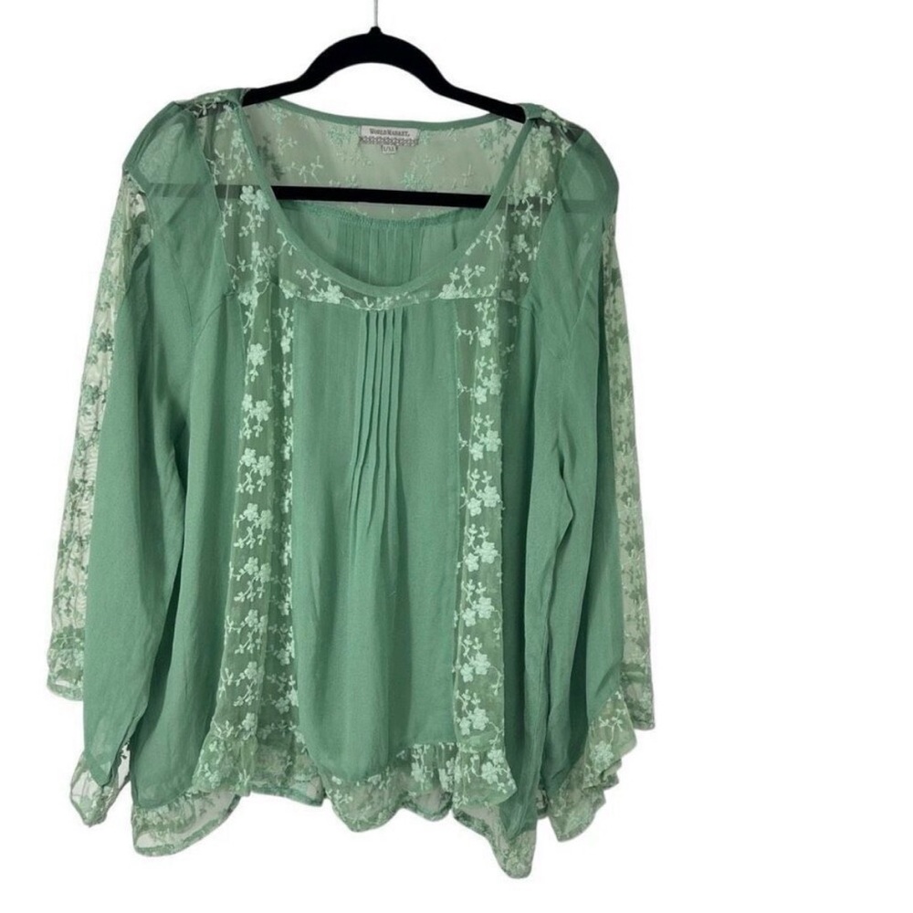 World Market Sage Green Sheer Lace Trim Boho Blouse L XL Women’s